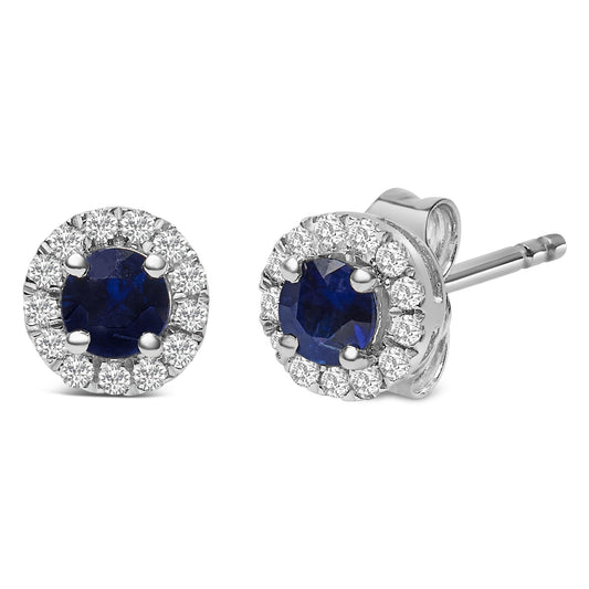 10K White Gold 3.25mm x 3.25mm Round Blue Sapphire and 1/10 Cttw Diamond Halo Stud Earrings - Nobiliving