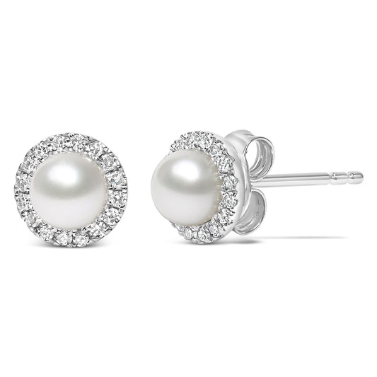 10K White Gold 4.5mm Cultured Freshwater Pearl and 1/7 Cttw Diamond Halo Stud Earring - Nobiliving