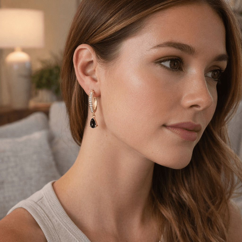 10K Yellow Gold Pear Blue Sapphire Diamond Drop and Dangle Huggy Hoop Earrings - Nobiliving