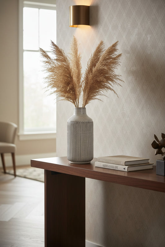 12" White and Brown Ribbed Cylinder Terracotta Table Vase