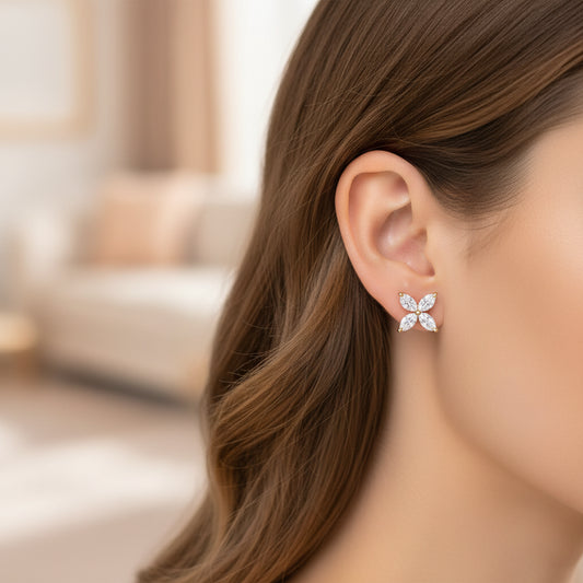 14K Gold Marquise Diamond 8 Stone Floral Leaf Stud Earrings