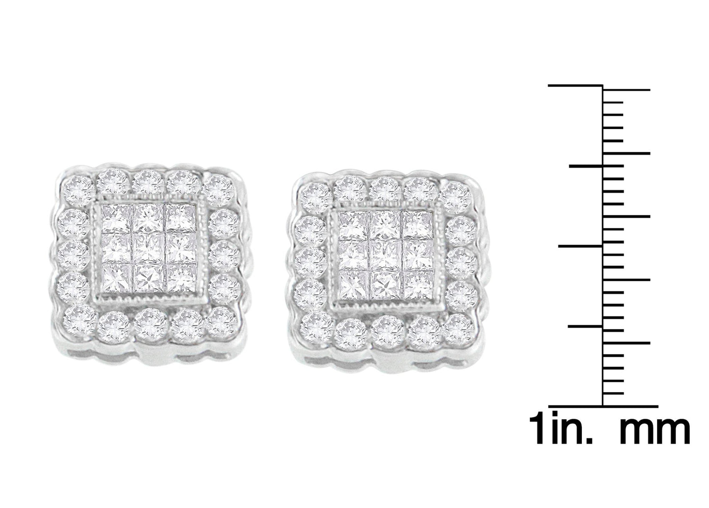 14K White Gold 1.0 Cttw Round Brilliant & Princess Cut Diamond Scallop - Edge Framed Square Halo Stud Earrings - Nobiliving