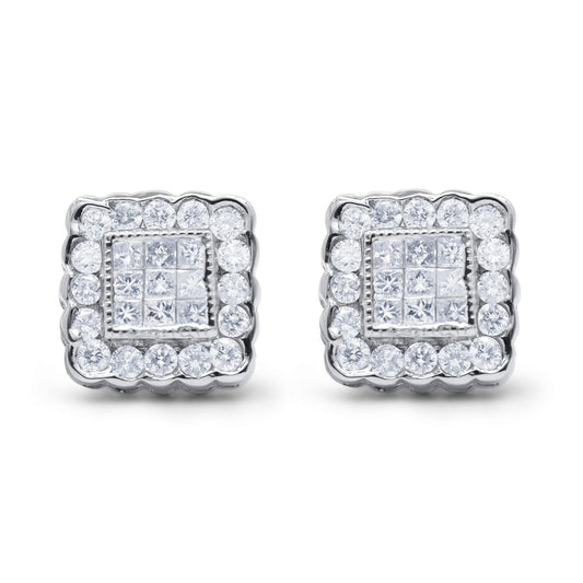 14K White Gold 1.0 Cttw Round Brilliant & Princess Cut Diamond Scallop - Edge Framed Square Halo Stud Earrings - Nobiliving