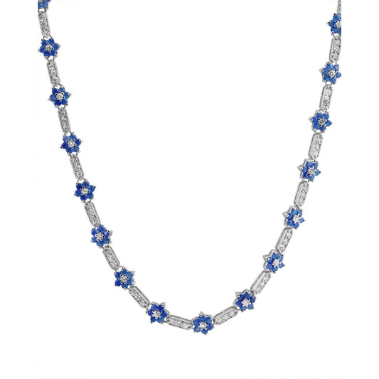 Flower-Shaped Sapphire Cubic Zirconia Necklace - Sterling Silver
