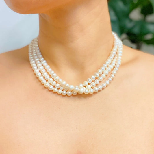 Three Strands Freshwater Pearl Necklace - genuine freshwater pearls