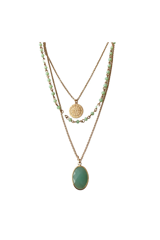 Green Chalcedony Facet Stone Multi-Layered Pendant Necklace