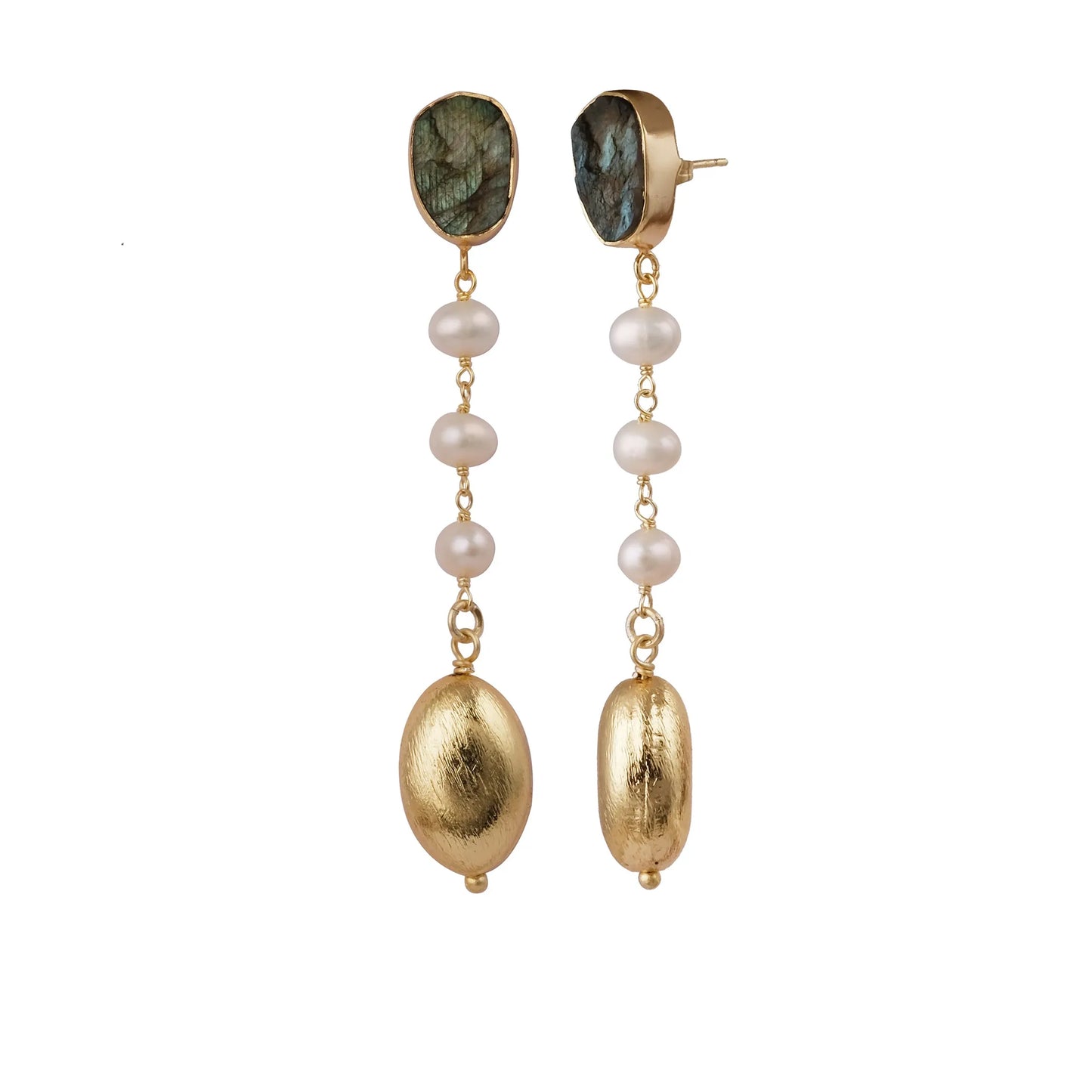 Labradorite Drop Earrings with Pearl and Gold Drops - Handmade