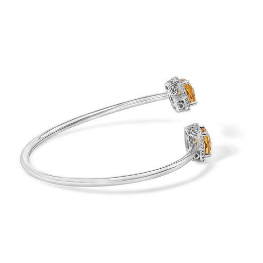 .925 Sterling Silver 8mm Yellow Citrine Gemstone and Diamond Accent Bangle Bracelet