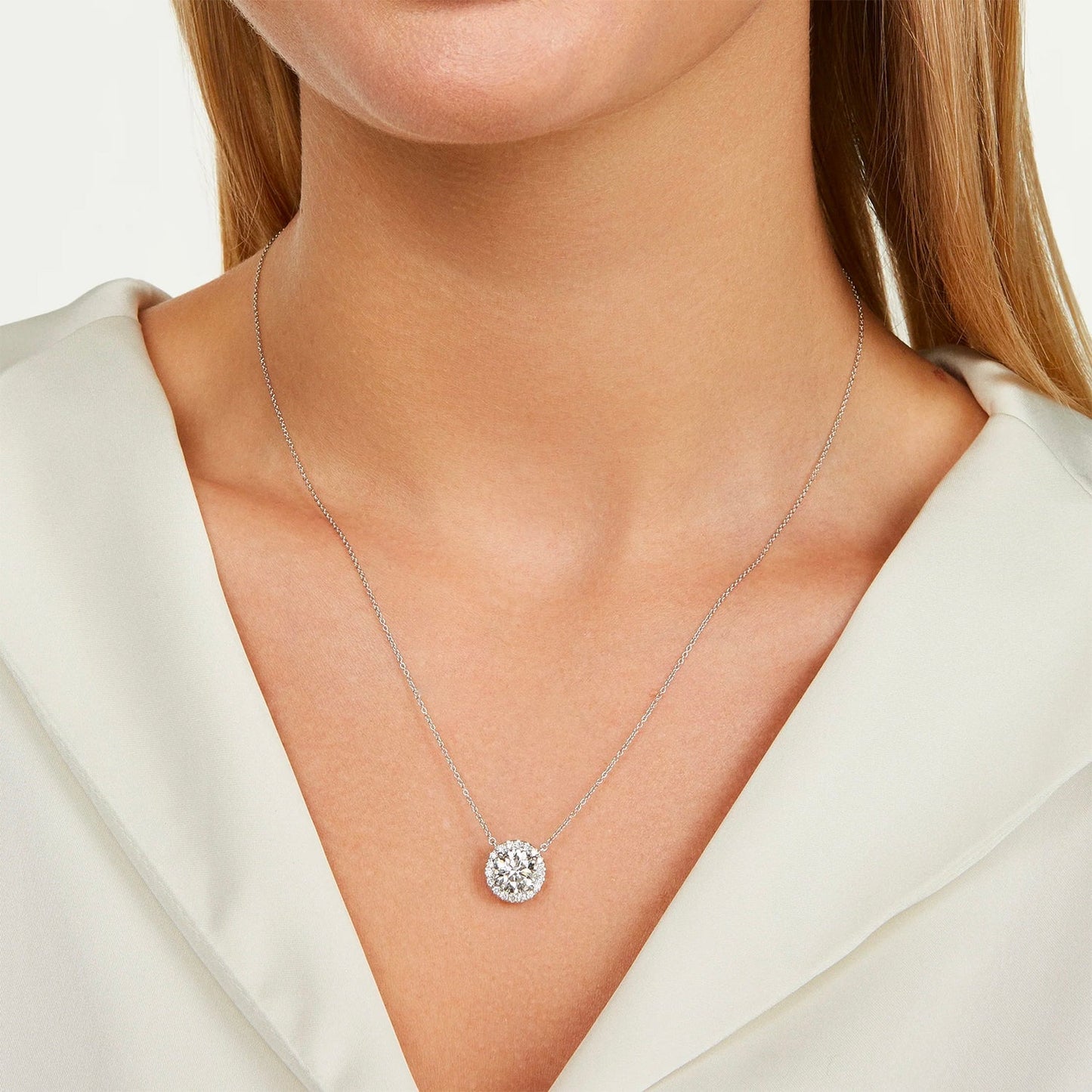 2.00 CTW AGI Certified Lab - Grown Diamond Halo Pendant Necklace in 14kt White Gold - nobiliving.com