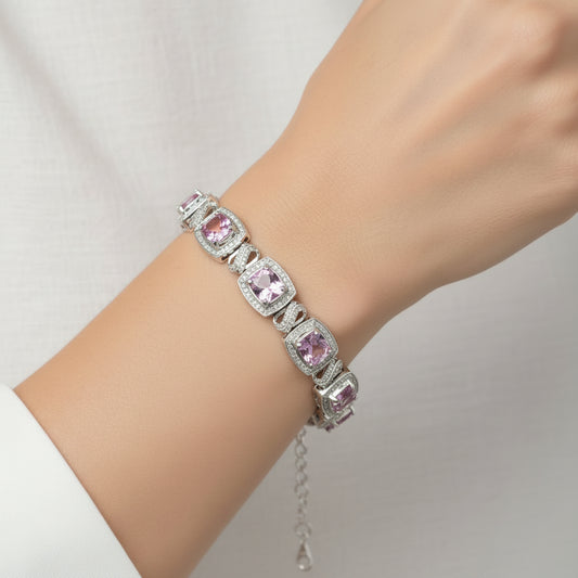 .925 Sterling Silver 7x7 mm Cushion Cut Purple Amethyst and 1/10 cttw Round Cut Diamond Square Shape Tennis Bracelet (I-J Color, I1-I2 Clarity) - 7"