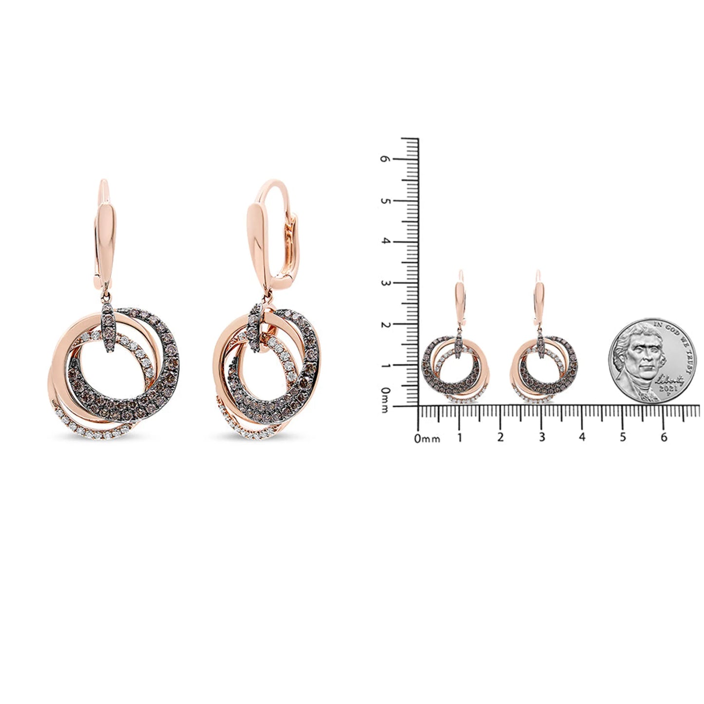 14K Rose Gold White and Brown Diamond Intertwining Hoops and Circle Dangle Earrings