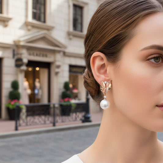 Round Diamond and Round Pearl Floral Drop Stud Earrings