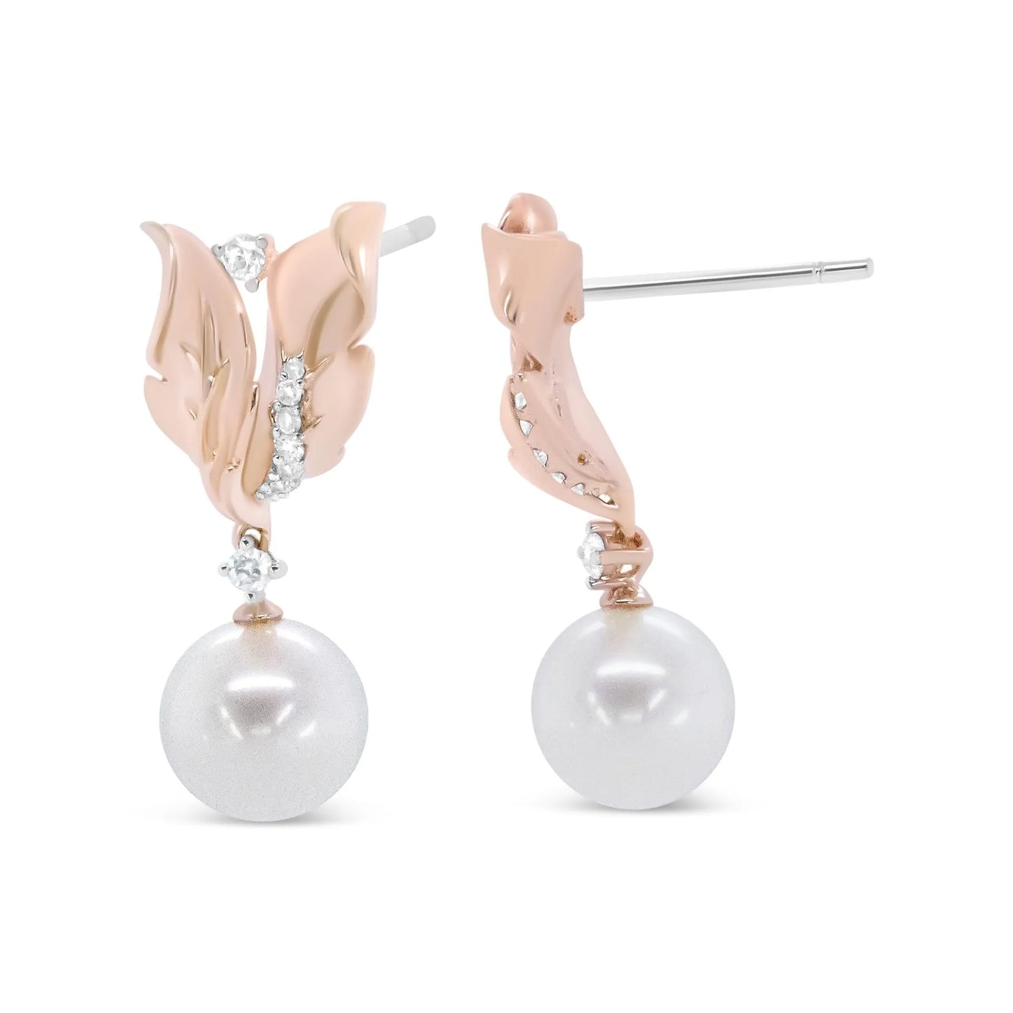 14K Rose Gold Round Diamond and Round Pearl Floral Drop Stud Earrings