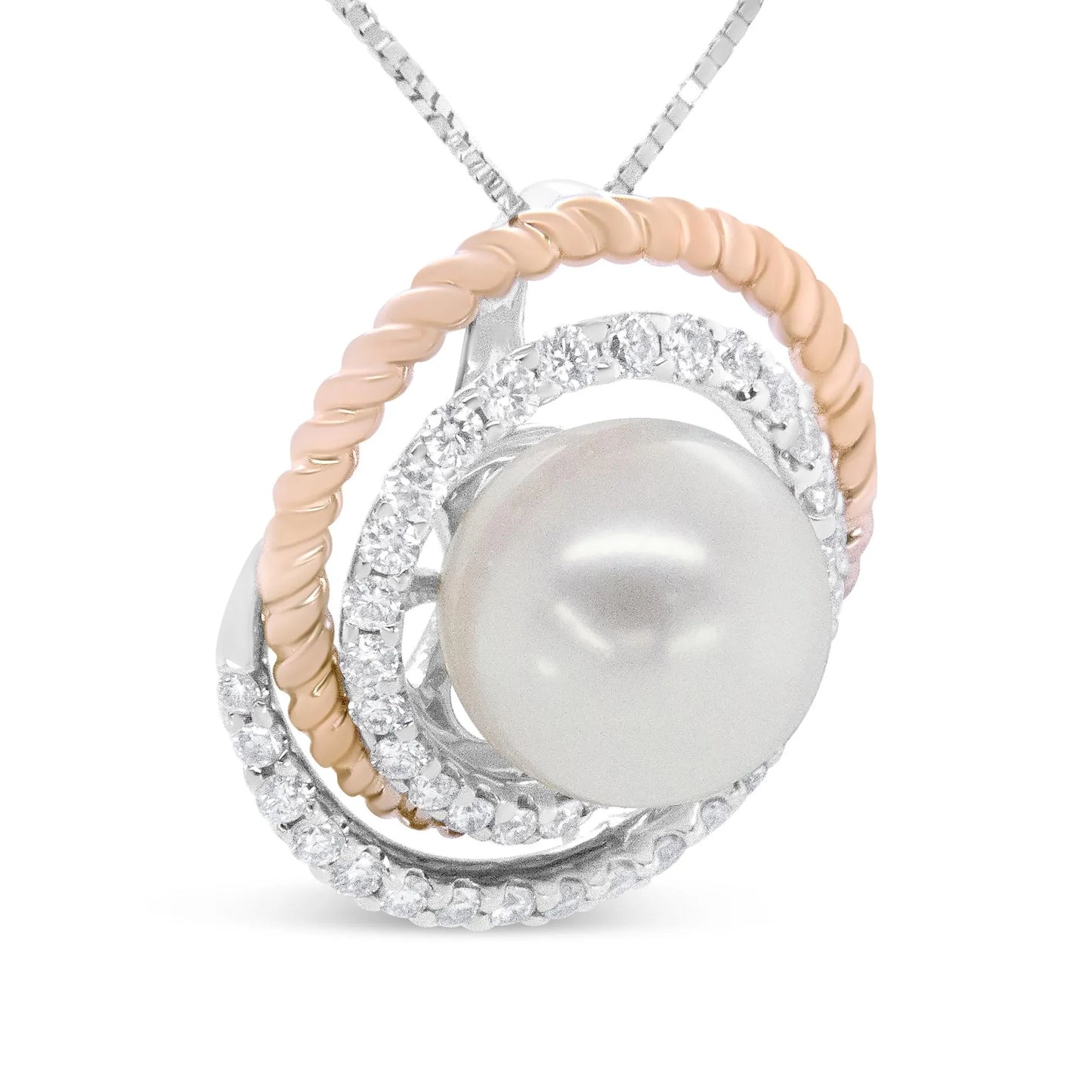14K Rose and White Gold Pave Diamond and Pearl Spiral Pendant Necklace