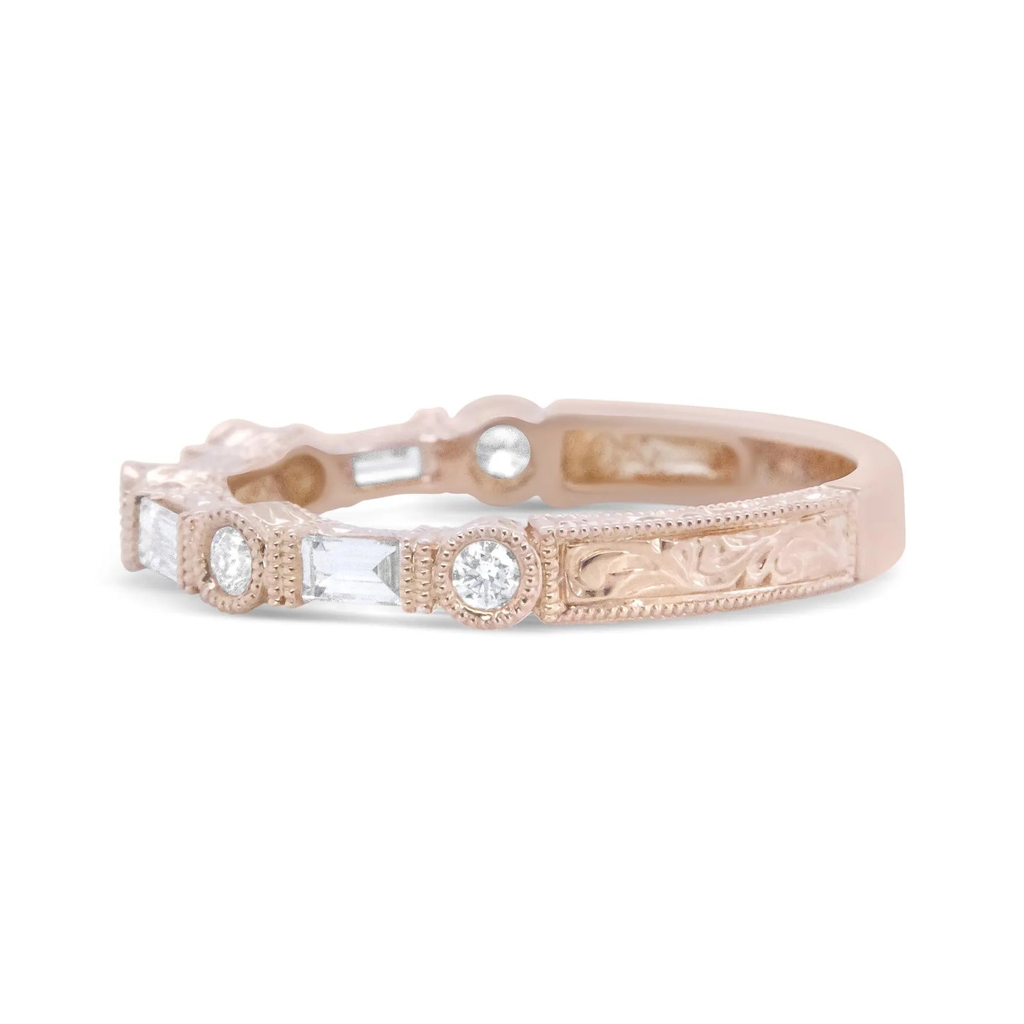 14K Rose Gold Baguette and Round Diamond Bridal Band - blend of classic and modern styles