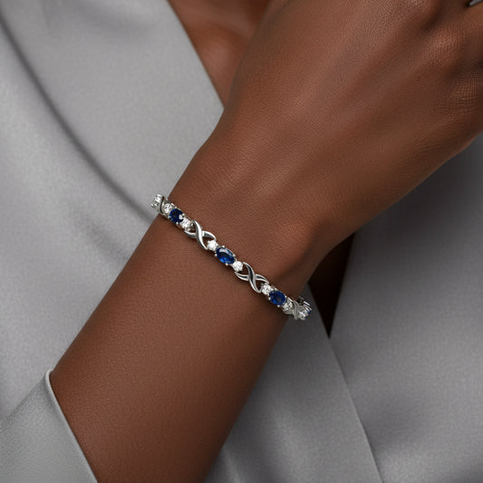 10K White Gold Oval Sapphire and Diamond Prong Set "X" Link Bracelet