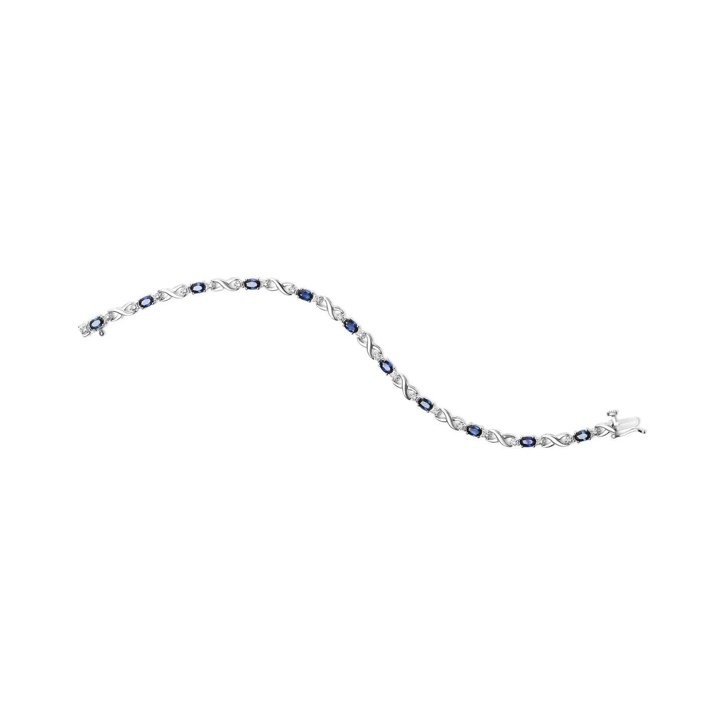 10K White Gold Oval Sapphire and Diamond Prong Set "X" Link Bracelet