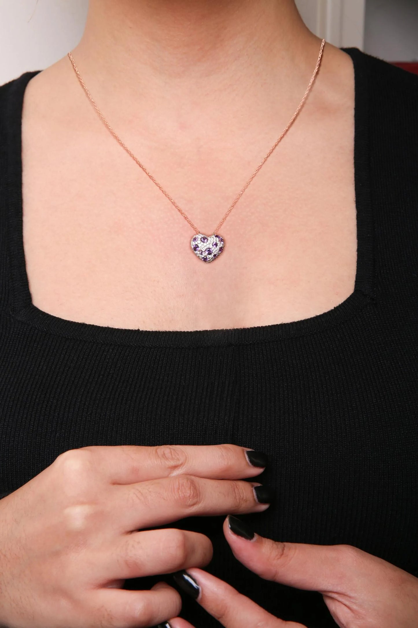 18K Rose Gold Diamond and Purple Amethyst Cluster Necklace worn by a model