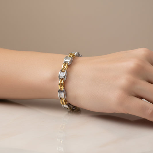 14K Two-Tone Gold 1.00 Cttw Princess-Cut Diamond Chain Link Bracelet