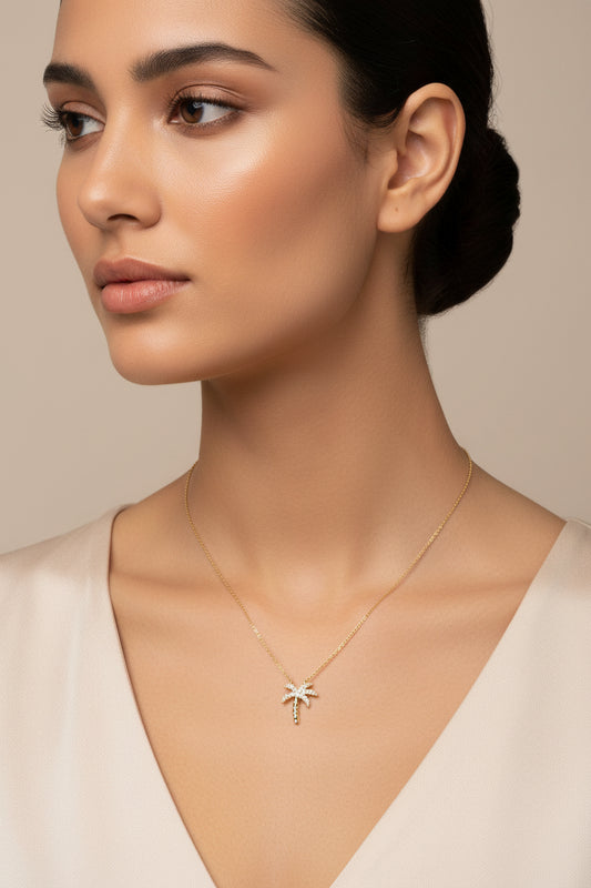 Diamond Palm Tree Pendant Necklace - 10K Yellow Gold