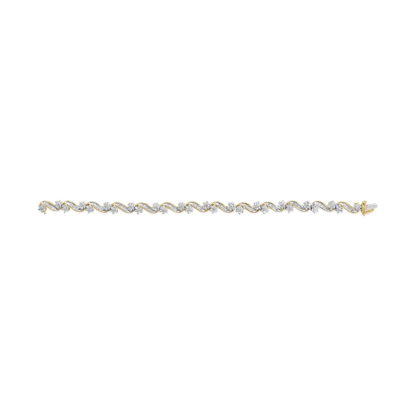 10k Yellow Gold 3.00 Cttw Round-Cut and Baguette-Cut Floral Link Bracelet