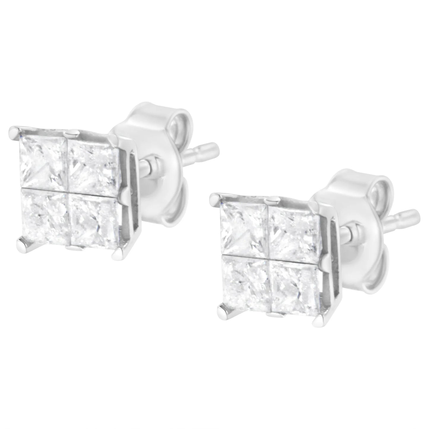 10K White Gold Princess-Cut Diamond Composite Stud Earrings side view