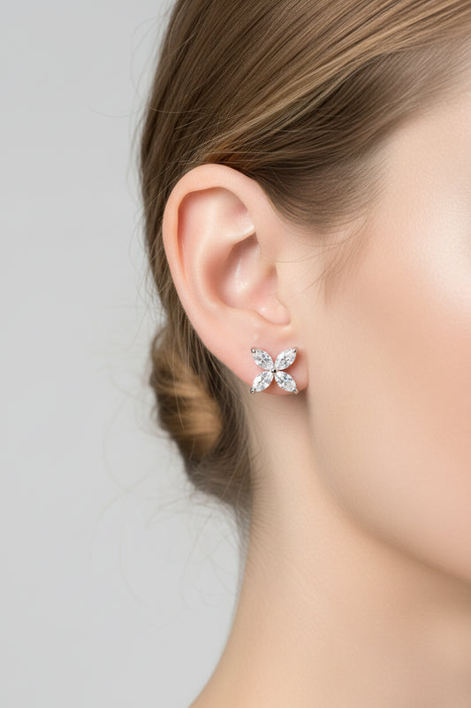 14K Gold Marquise Diamond 8 Stone Floral Leaf Stud Earrings