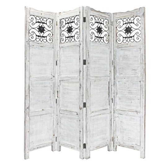 Gray Wash 4 Panel with Scroll Work Room Divider Screen - Handmade