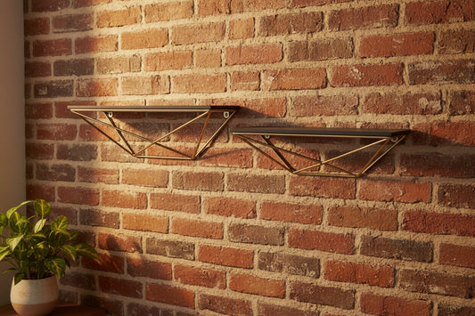 Set Of Two Black and Gold Wood and Metal Modern Wall Mounted Accent Shelves
