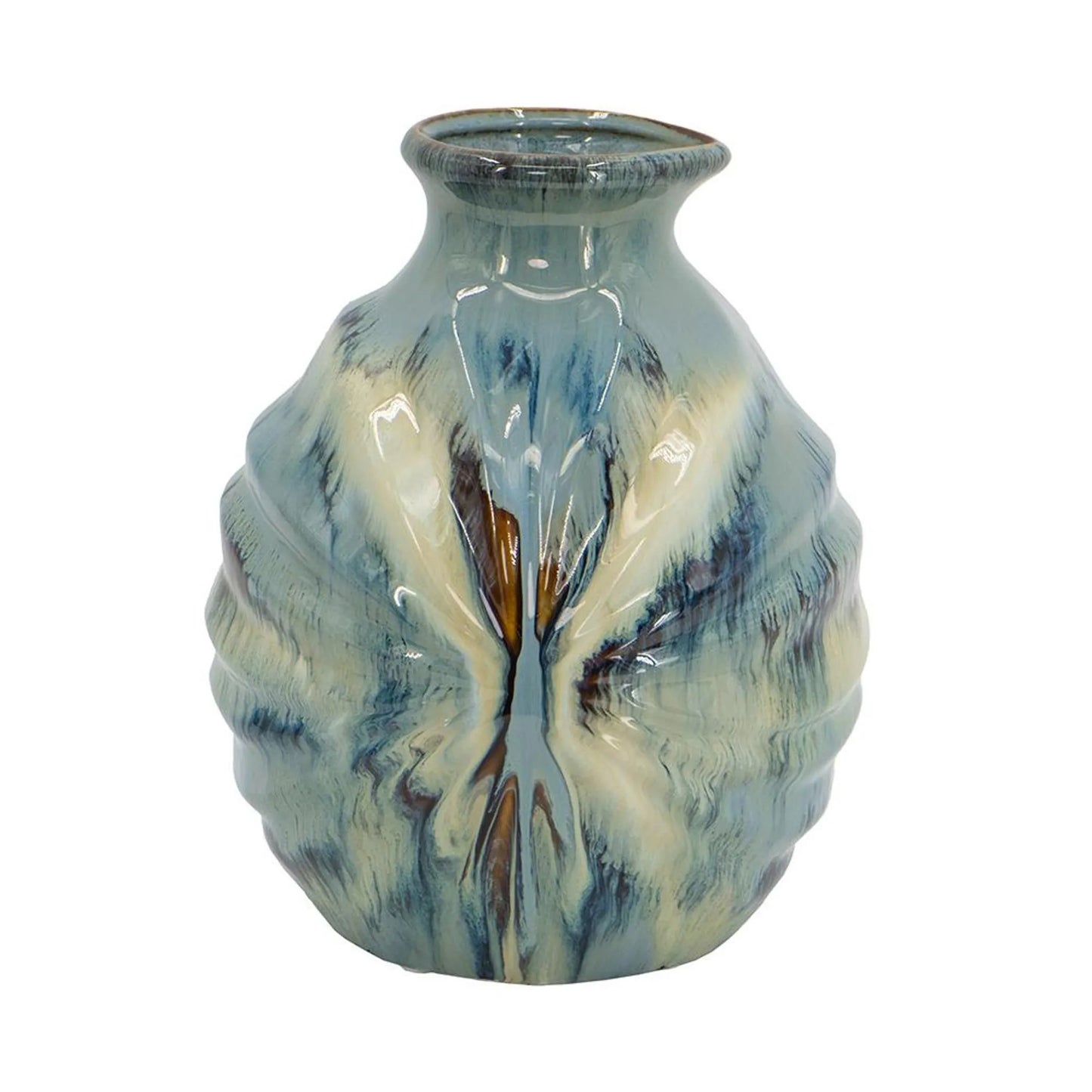 11-Inch Blue Beige and Brown Abstract Round Ceramic Table Vase