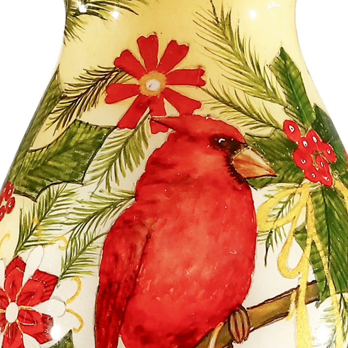 Merry Christmas Cardinal Christmas Hand Painted Red Green and Cream Glass Finial Ornament