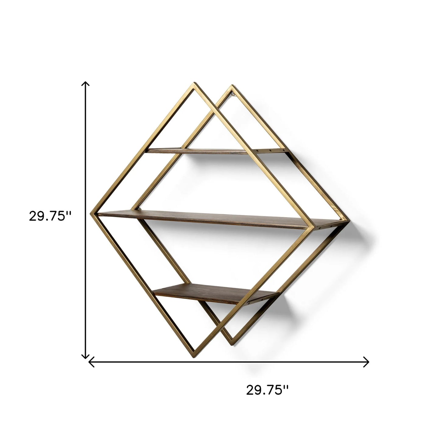 30" Antiqued Brass and Brown Metal and Wood Diamond Shaped Accent Shelf