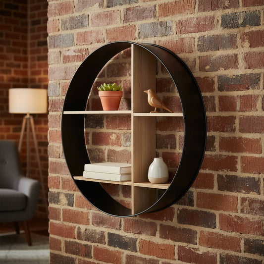 36" Black and Brown Metal and Wood Circular Multi-Tier Shelf