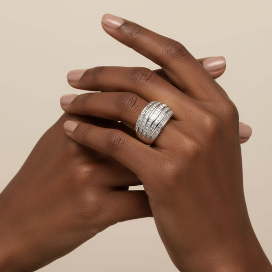 .925 Sterling Silver 1.0 Cttw Baguette - Cut Diamond 6 - Row Channel Set Domed Tapered Cocktail Fashion Ring - Nobiliving