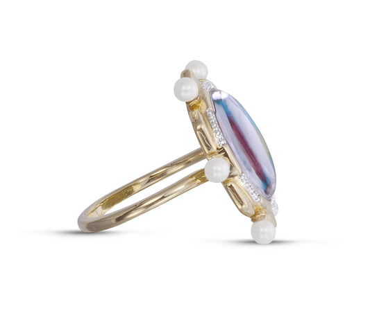 Pearl & Diamond Mosaic Ring - 14K Yellow Gold-Plated Sterling Silver