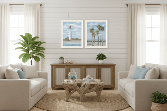 Cape May Lighthouse and Palm Trees White Framed Wall Art - Set of Two - Nobiliving