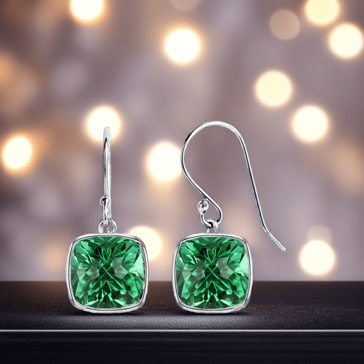 Luxurious 4.50CTW Lab Grown Cushion Cut Emerald Drop Earrings in 925 Sterling Silver - 8mm Square Gems - nobiliving.com