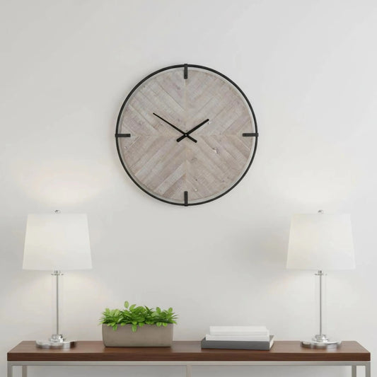 Metal Wood Analog Distressed Round Wall Clock - Nobiliving