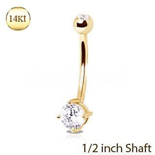 Navel Ring, 1/2" yellow gold with Clear Round Prong Set CZ