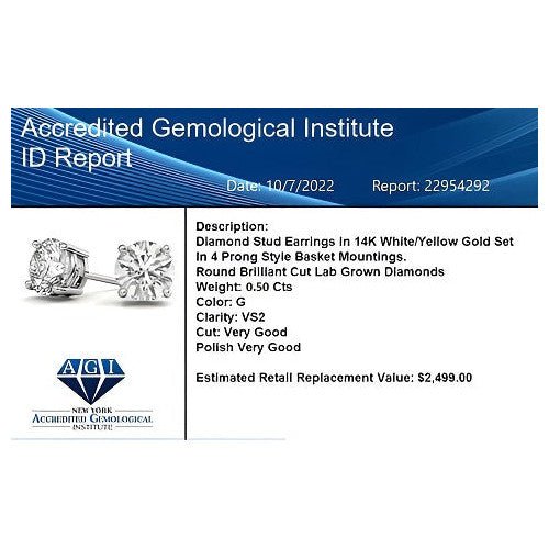 0.50 CTW AGI Certified Lab Grown Diamond (G - VS) Stud Earrings in Choice Of 14K White or Yellow Gold - nobiliving.com