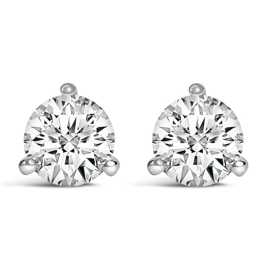 14K White Gold 3-Prong Brilliant Round-Cut Solitaire Lab Grown Diamond Stud Earrings