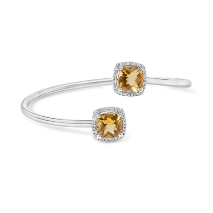 .925 Sterling Silver 8mm Yellow Citrine Gemstone and Diamond Accent Bangle Bracelet