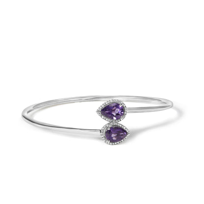 .925 Sterling Silver 8 x 5.5mm Pear Shape Amethyst and Diamond Accent Bangle Bracelet