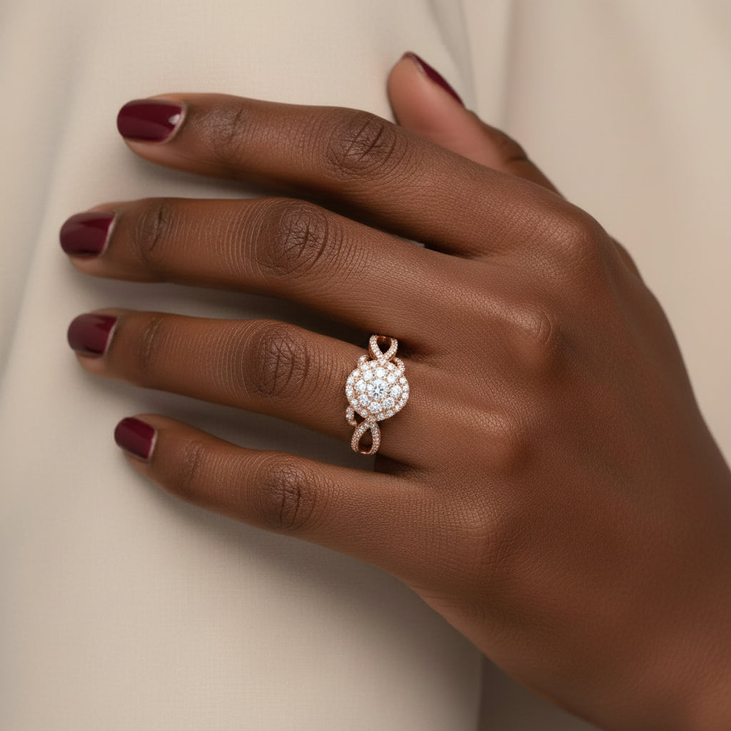 10K Rose Gold 3/4 Cttw Diamond Floral Cluster Head and Twisted Shank Cocktail Ring - Nobiliving