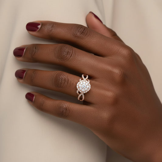10K Rose Gold 3/4 Cttw Diamond Floral Cluster Head and Twisted Shank Cocktail Ring - Nobiliving