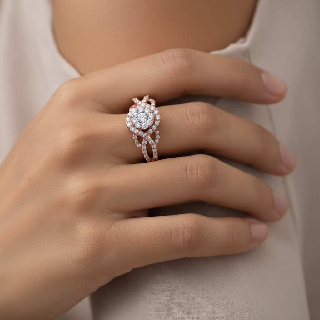 10K Rose Gold 3/4 Cttw Diamond Floral Cluster Head and Twisted Shank Cocktail Ring - Nobiliving