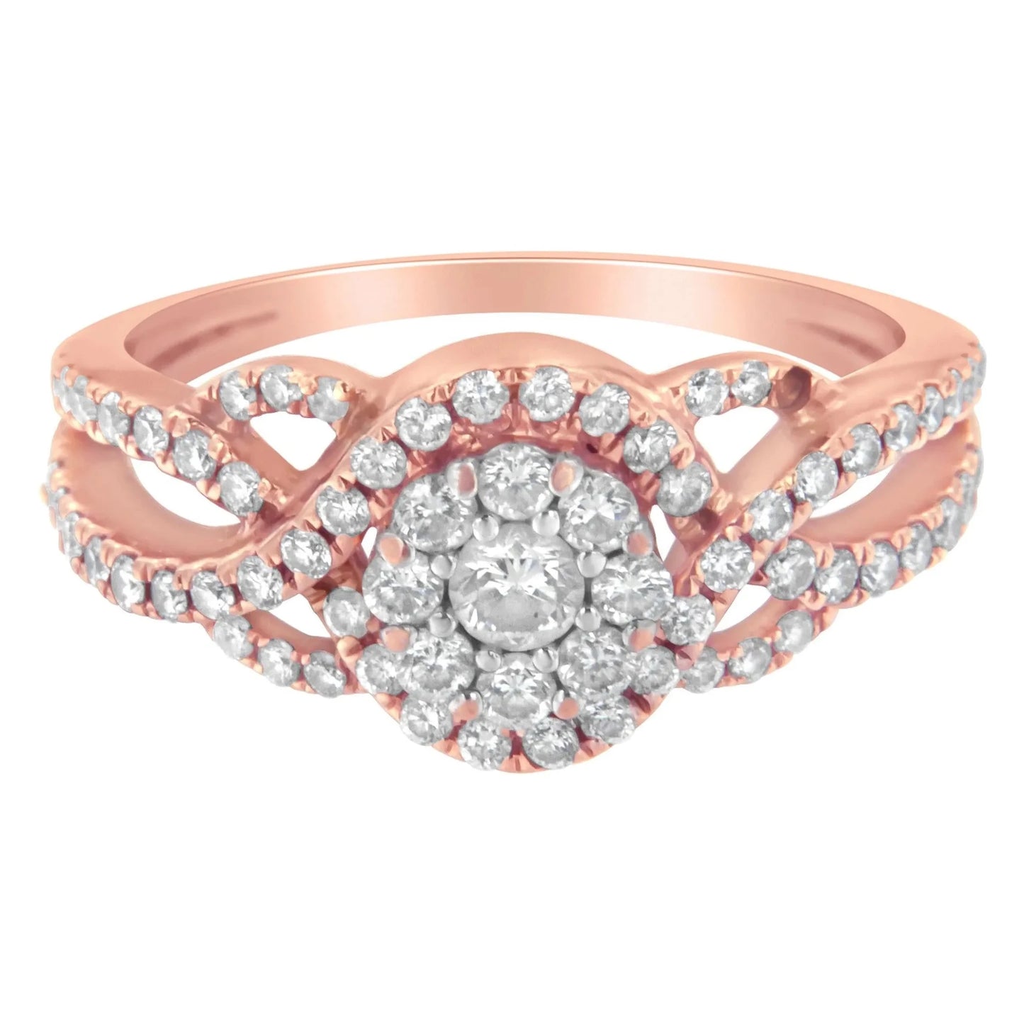 10K Rose Gold 3/4 Cttw Diamond Floral Cluster Head and Twisted Shank Cocktail Ring - Nobiliving