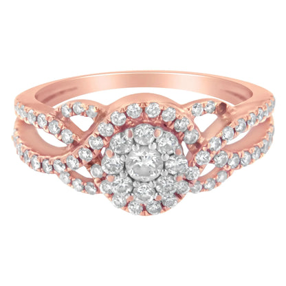 10K Rose Gold 3/4 Cttw Diamond Floral Cluster Head and Twisted Shank Cocktail Ring - Nobiliving