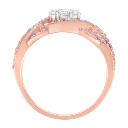 10K Rose Gold 3/4 Cttw Diamond Floral Cluster Head and Twisted Shank Cocktail Ring - Nobiliving