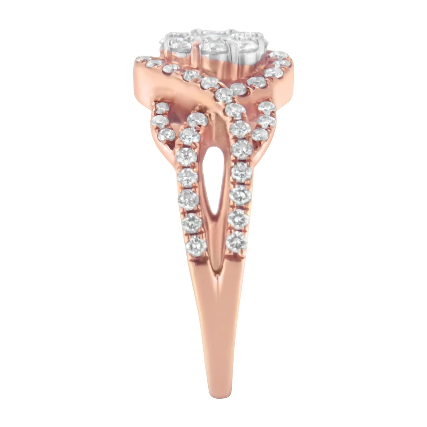 10K Rose Gold 3/4 Cttw Diamond Floral Cluster Head and Twisted Shank Cocktail Ring - Nobiliving